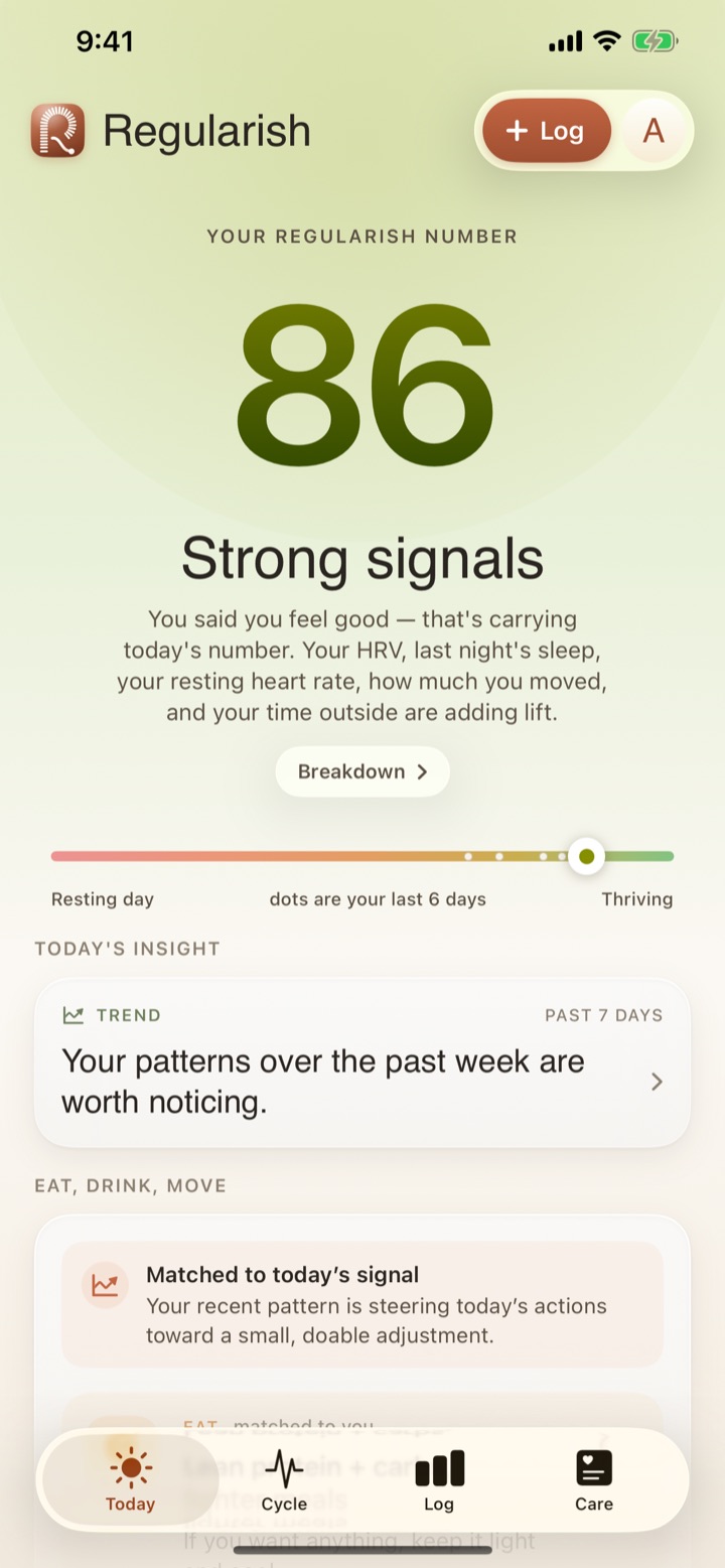 Regularish app Today screen showing the daily Regularish Number with a plain-language explanation